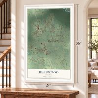 Deenwood, Georgia map, 24 x 36 inch print in a white frame by a staircase
