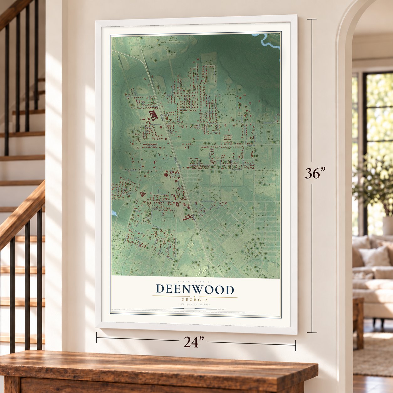 Deenwood, Georgia map, 24 x 36 inch print in a white frame by a staircase