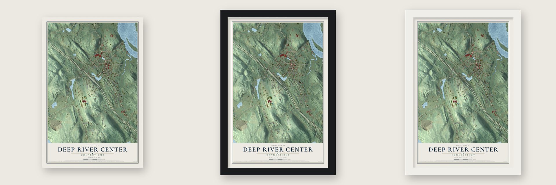 Deep River Center, Connecticut map unframed, in a black wood frame and in a white wood frame