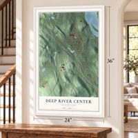 Deep River Center, Connecticut map, 24 x 36 inch print in a white frame by a staircase