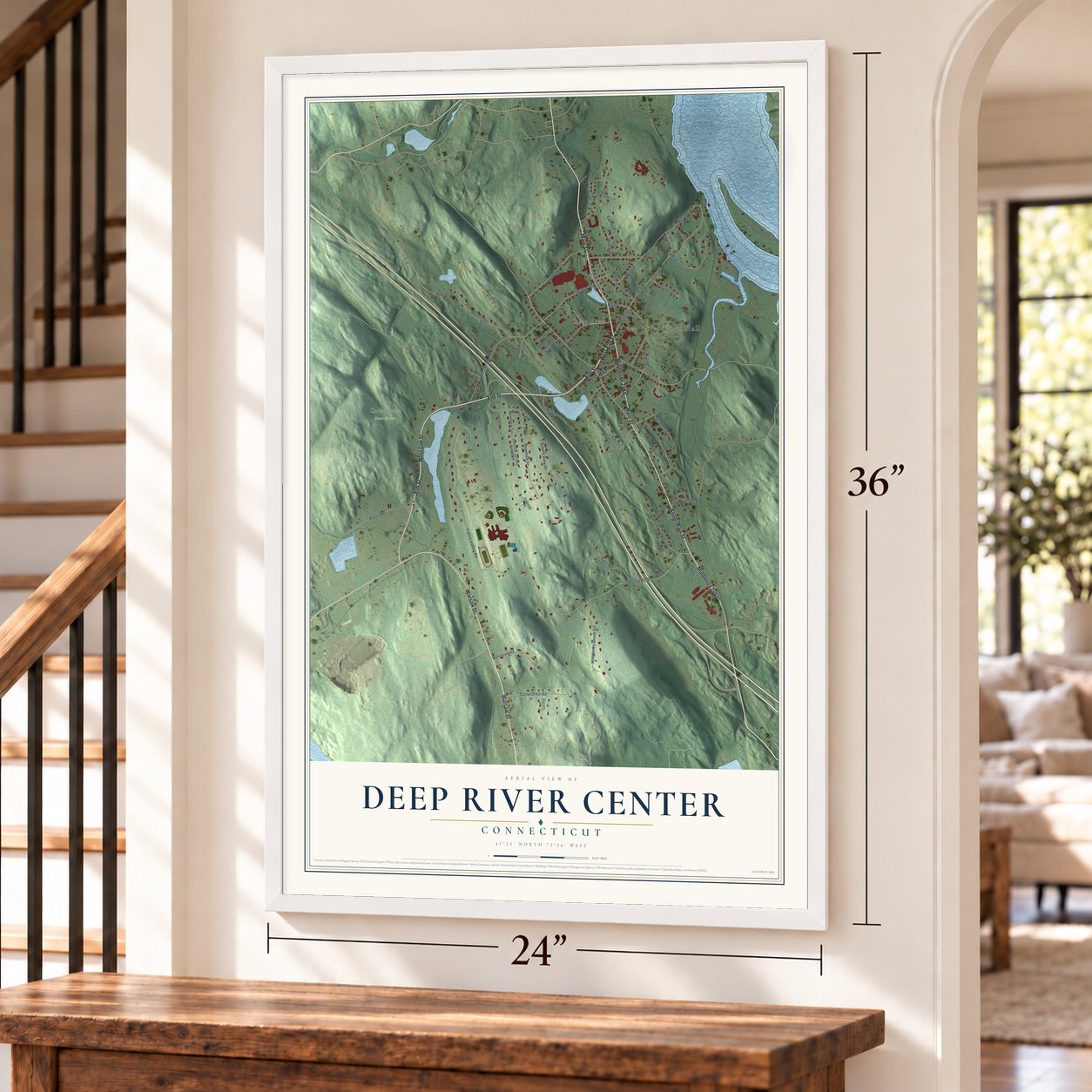 Deep River Center, Connecticut map, 24 x 36 inch print in a white frame by a staircase