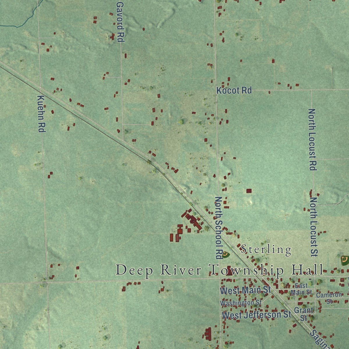 Second close-up of the map of Deep River, Michigan print showing more streets and buildings