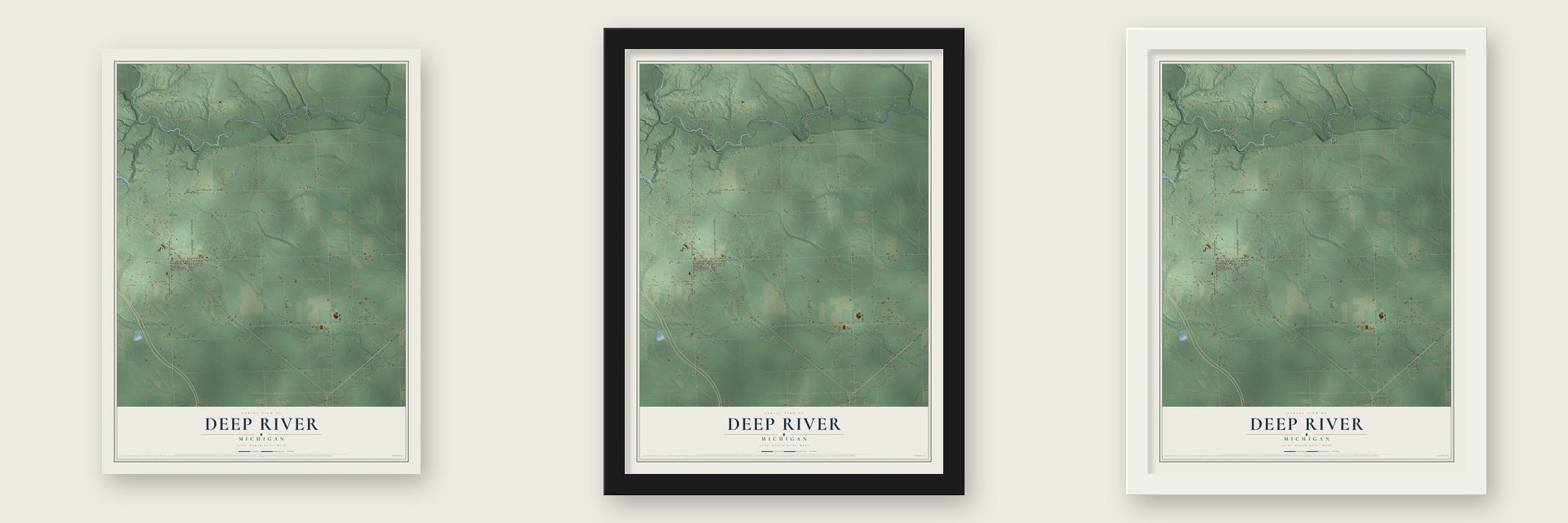 Deep River, Michigan map unframed, in a black wood frame and in a white wood frame