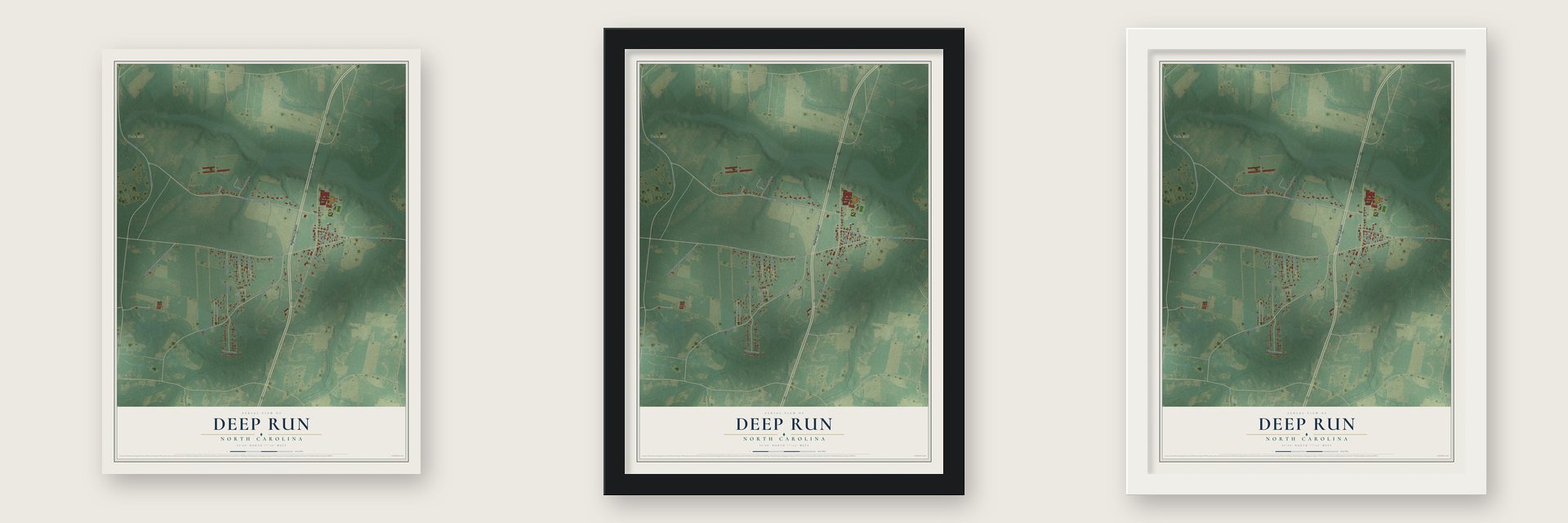 Deep Run, North Carolina map unframed, in a black wood frame and in a white wood frame
