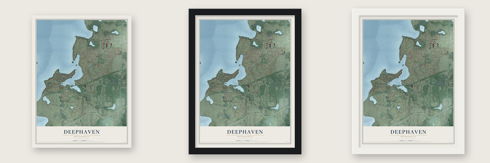 Deephaven, Minnesota map unframed, in a black wood frame and in a white wood frame