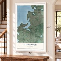 Deephaven, Minnesota map, 24 x 36 inch print in a white frame by a staircase