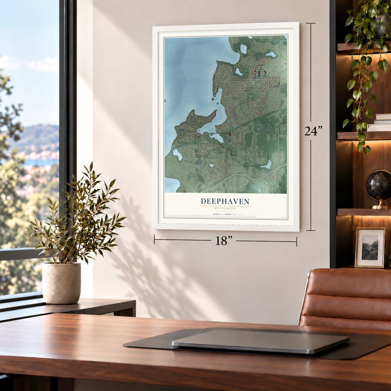 Deephaven, Minnesota map, 18 x 24 inch print in a white frame in a home office