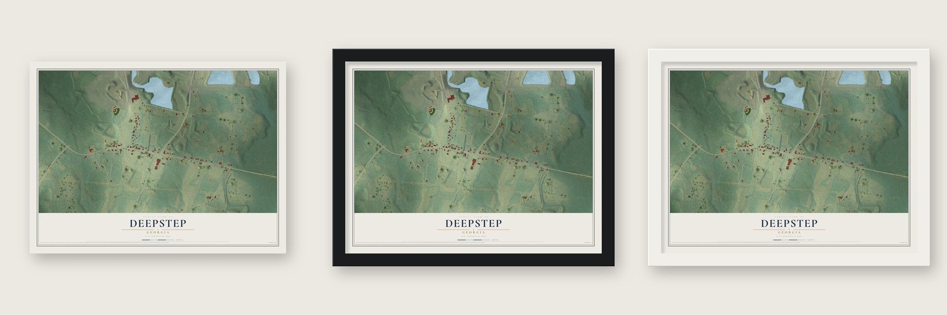 Deepstep, Georgia map unframed, in a black wood frame and in a white wood frame
