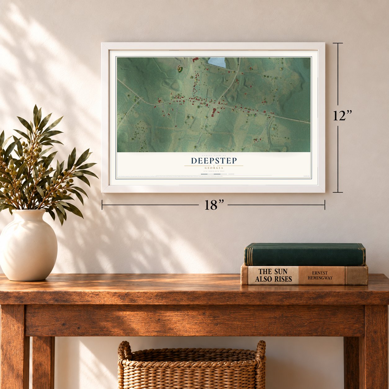 Deepstep, Georgia map, 12 x 18 inch print in a white frame in an entryway
