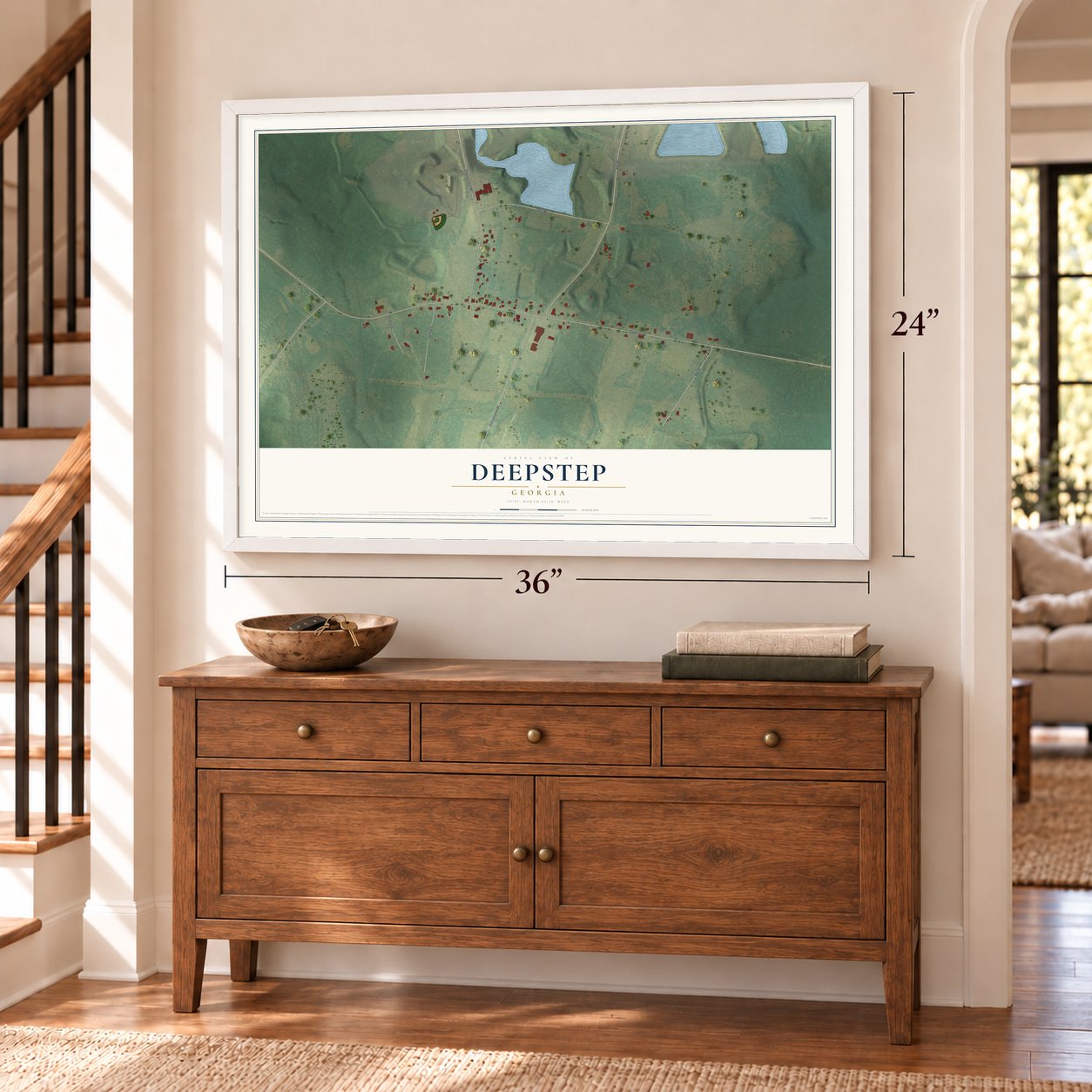 Deepstep, Georgia map, 24 x 36 inch print in a white frame above a dresser by a staircase