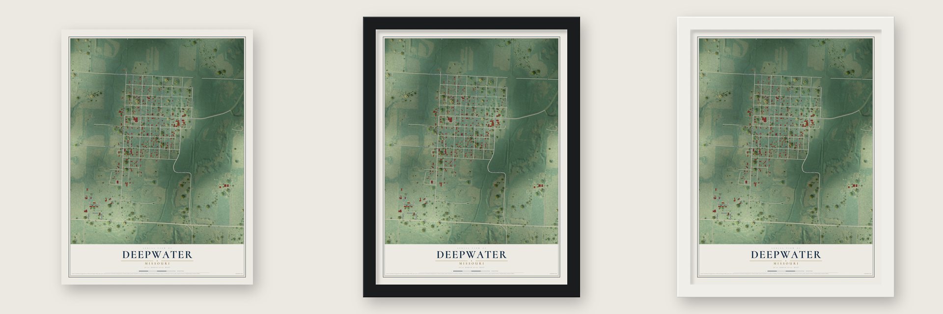 Deepwater, Missouri map unframed, in a black wood frame and in a white wood frame