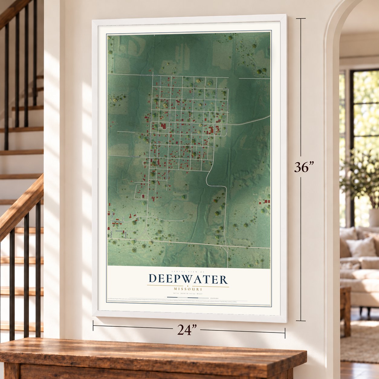 Deepwater, Missouri map, 24 x 36 inch print in a white frame by a staircase