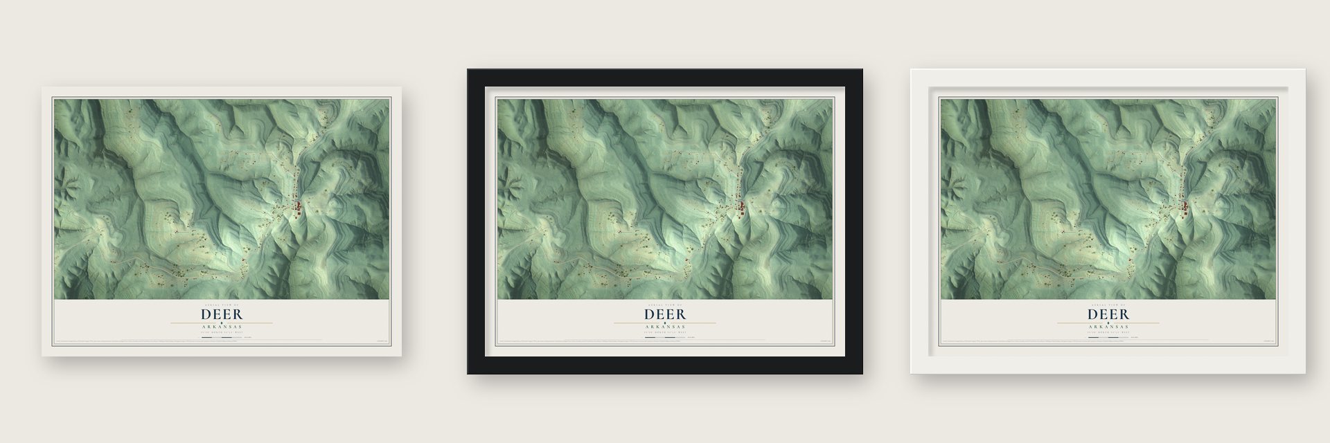 Deer, Arkansas map unframed, in a black wood frame and in a white wood frame