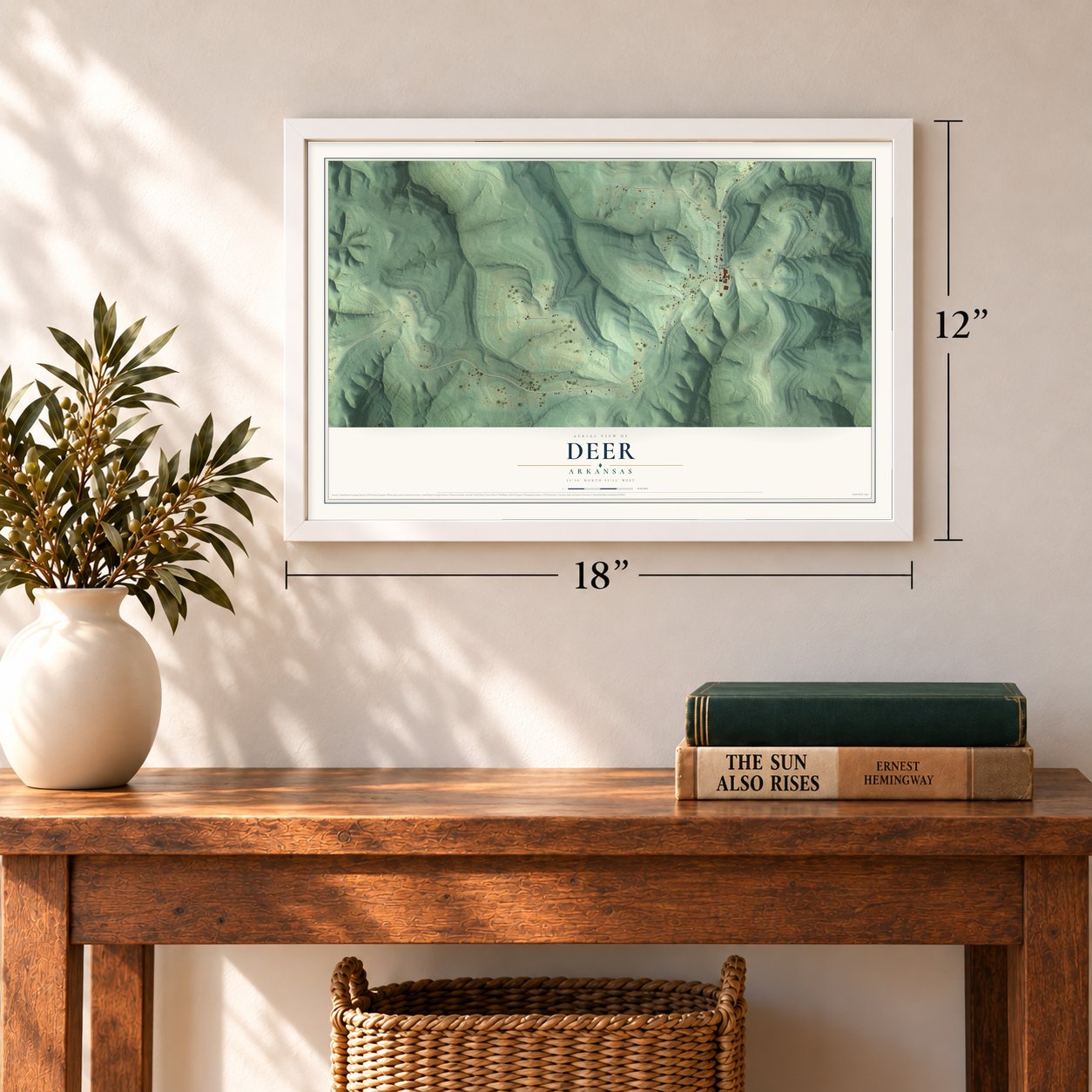 Deer, Arkansas map, 12 x 18 inch print in a white frame in an entryway