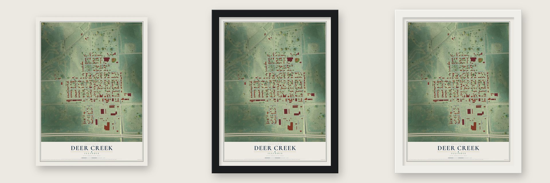 Deer Creek, Illinois map unframed, in a black wood frame and in a white wood frame