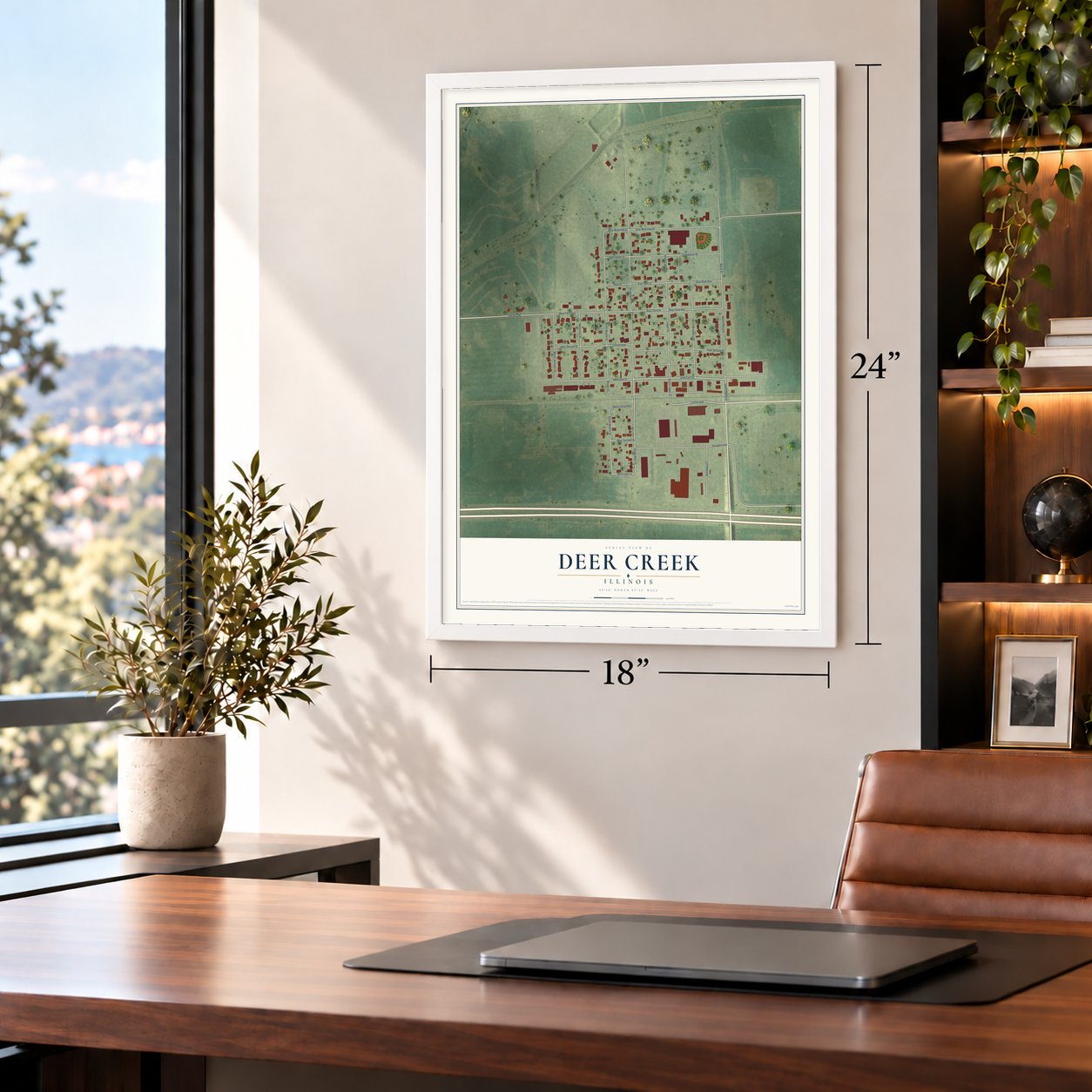 Deer Creek, Illinois map, 18 x 24 inch print in a white frame in a home office
