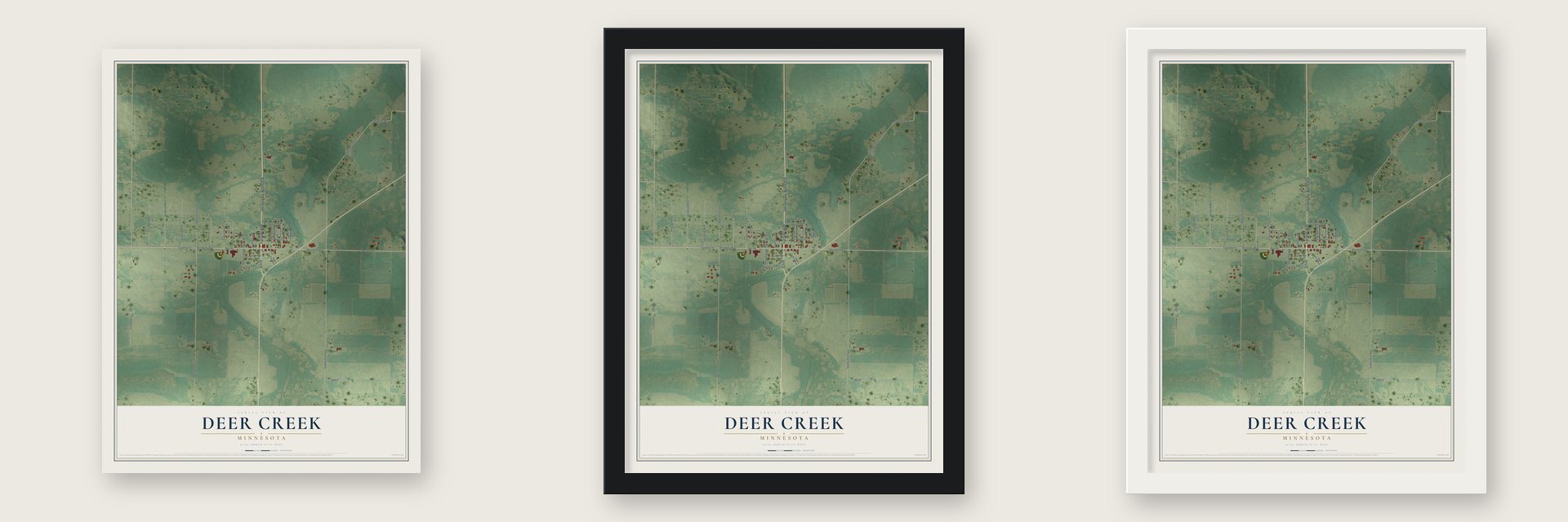Deer Creek, Minnesota map unframed, in a black wood frame and in a white wood frame