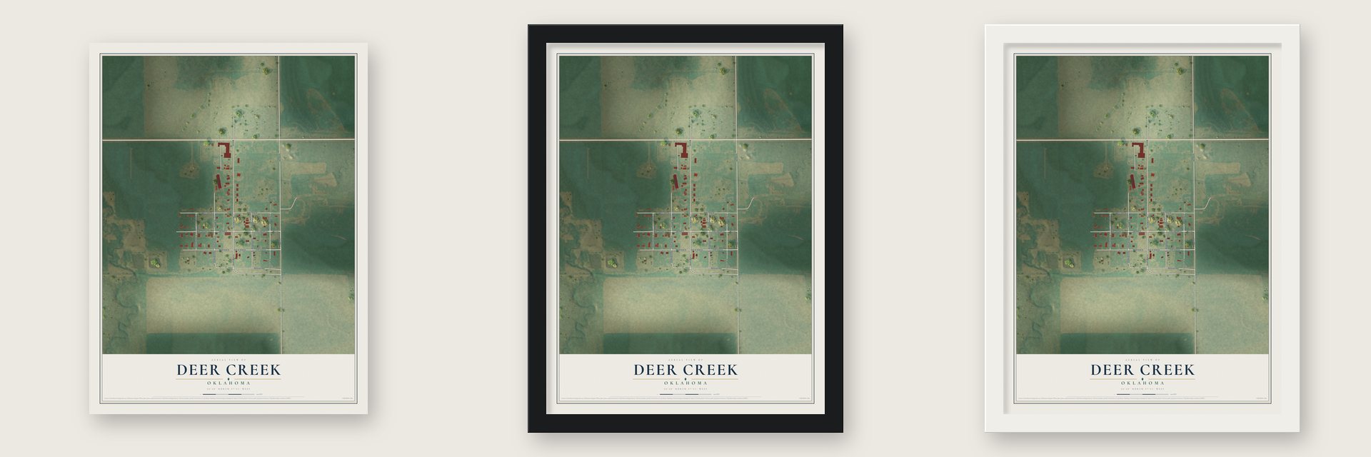 Deer Creek, Oklahoma map unframed, in a black wood frame and in a white wood frame