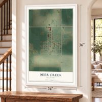Deer Creek, Oklahoma map, 24 x 36 inch print in a white frame by a staircase