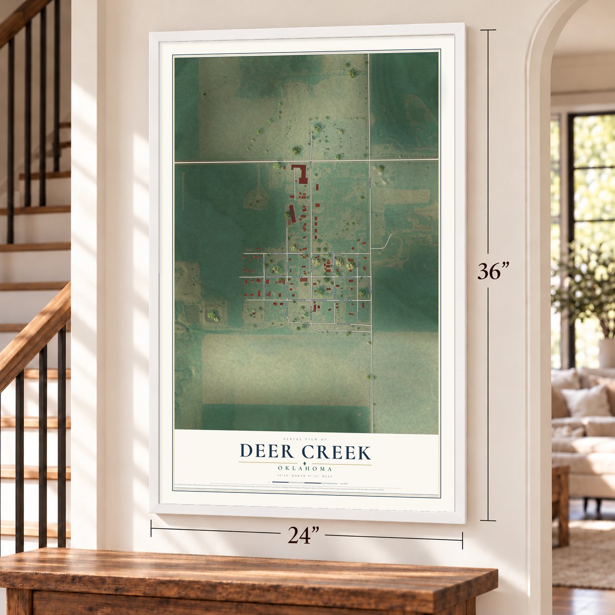 Deer Creek, Oklahoma map, 24 x 36 inch print in a white frame by a staircase