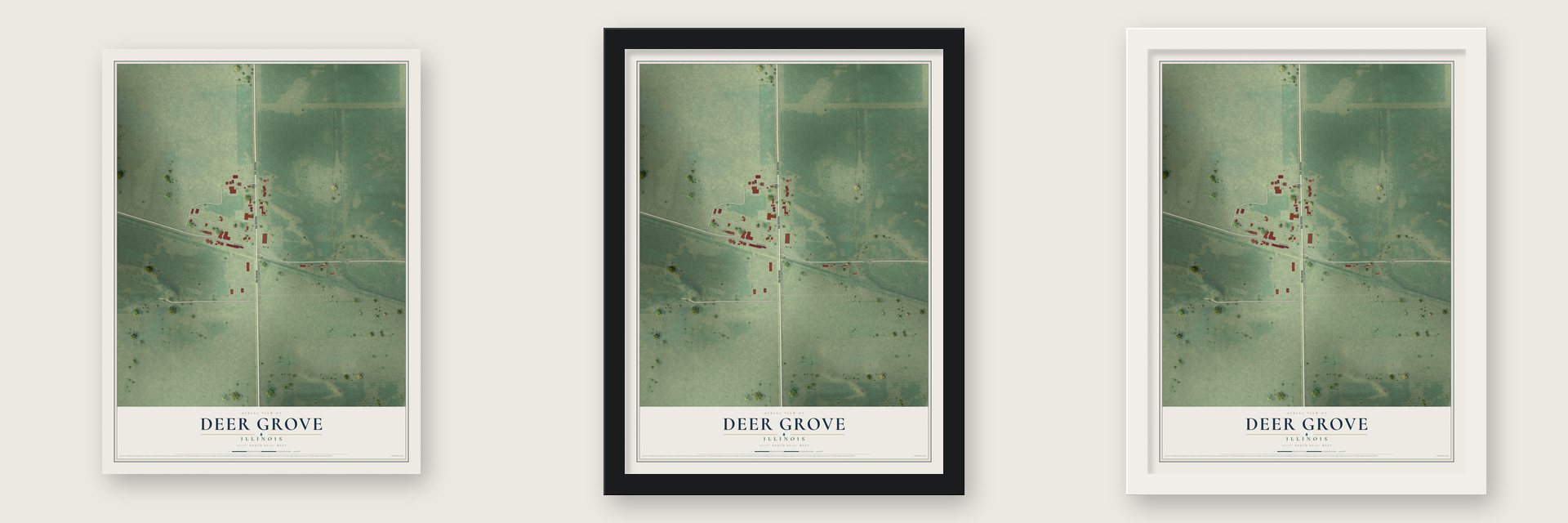Deer Grove, Illinois map unframed, in a black wood frame and in a white wood frame