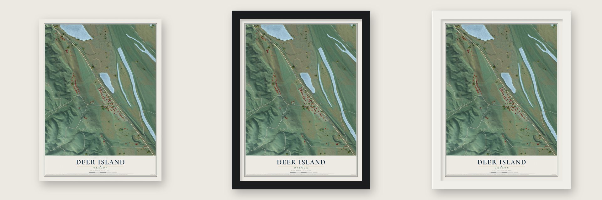 Deer Island, Oregon map unframed, in a black wood frame and in a white wood frame