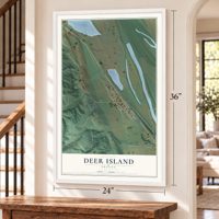 Deer Island, Oregon map, 24 x 36 inch print in a white frame by a staircase