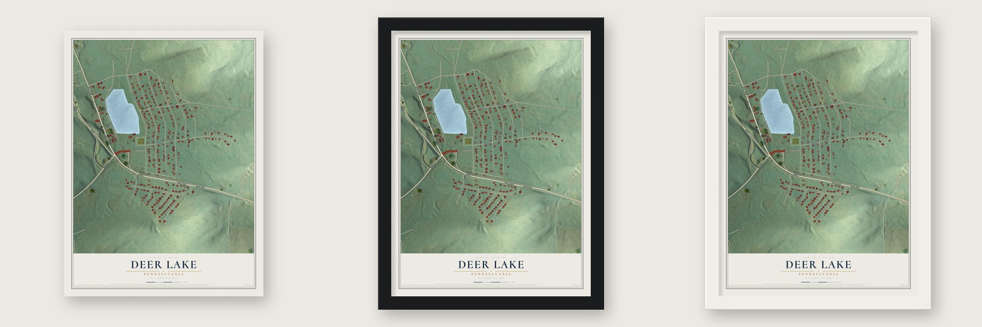 Deer Lake, Pennsylvania map unframed, in a black wood frame and in a white wood frame
