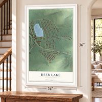 Deer Lake, Pennsylvania map, 24 x 36 inch print in a white frame by a staircase