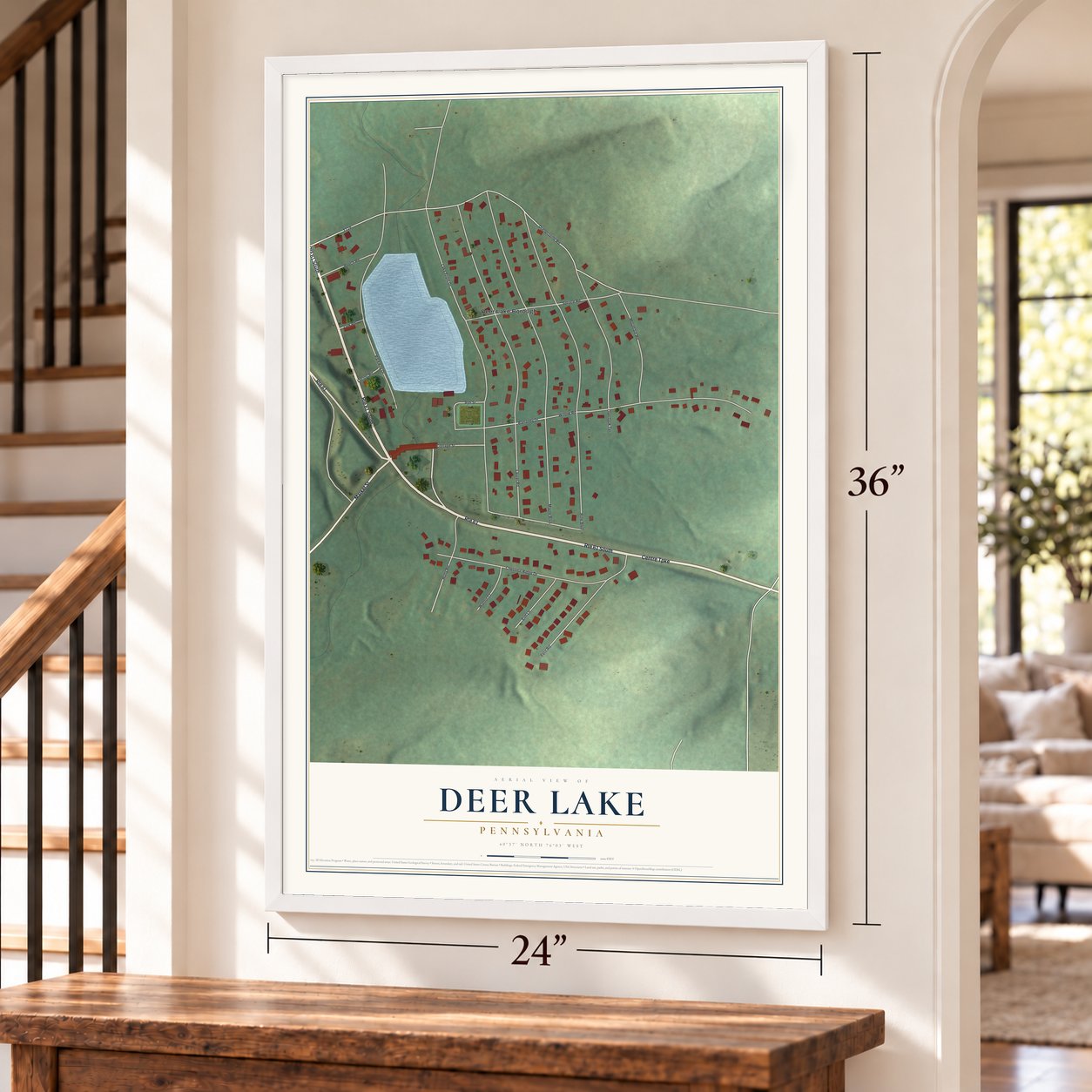 Deer Lake, Pennsylvania map, 24 x 36 inch print in a white frame by a staircase