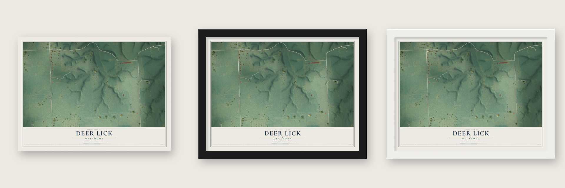 Deer Lick, Oklahoma map unframed, in a black wood frame and in a white wood frame
