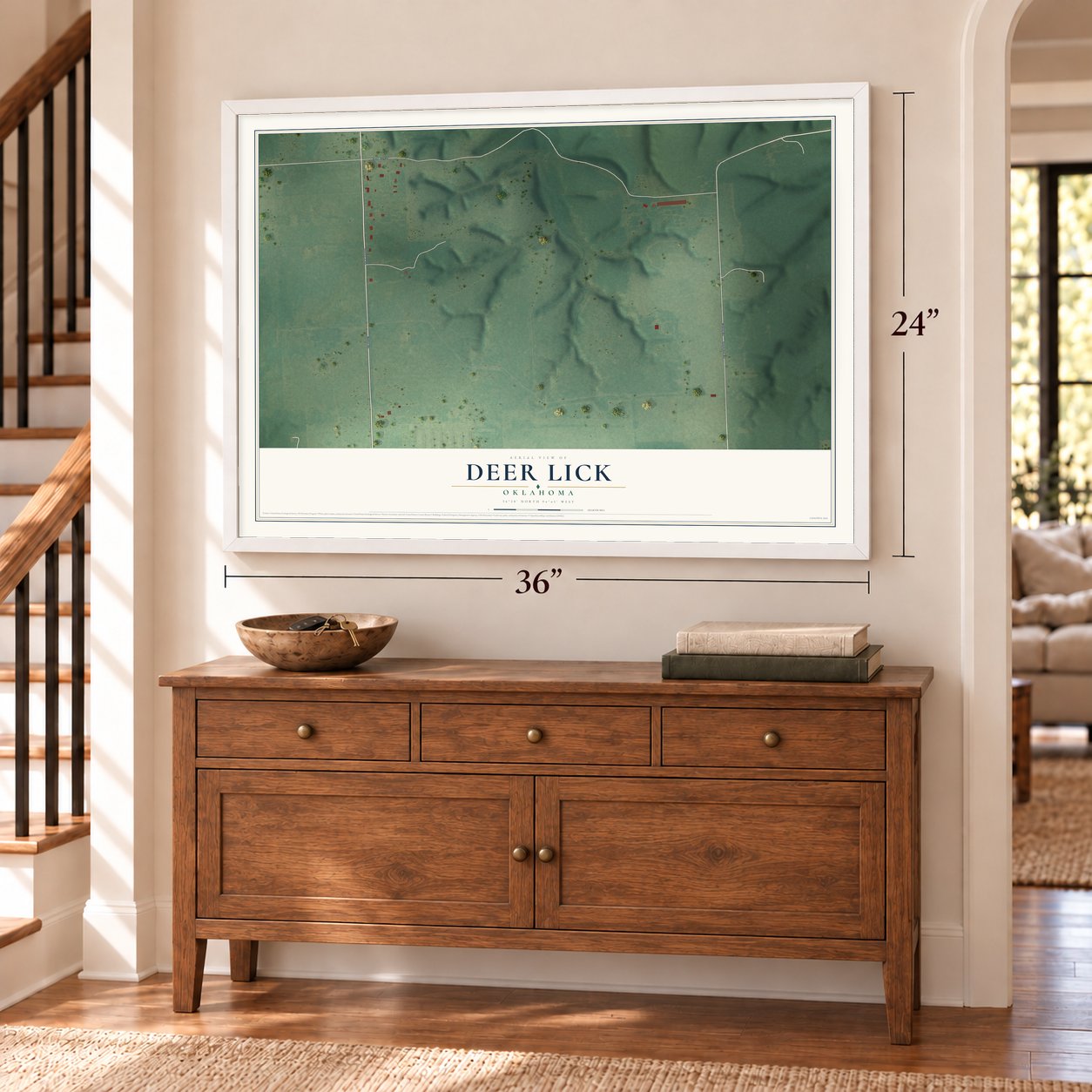 Deer Lick, Oklahoma map, 24 x 36 inch print in a white frame above a dresser by a staircase