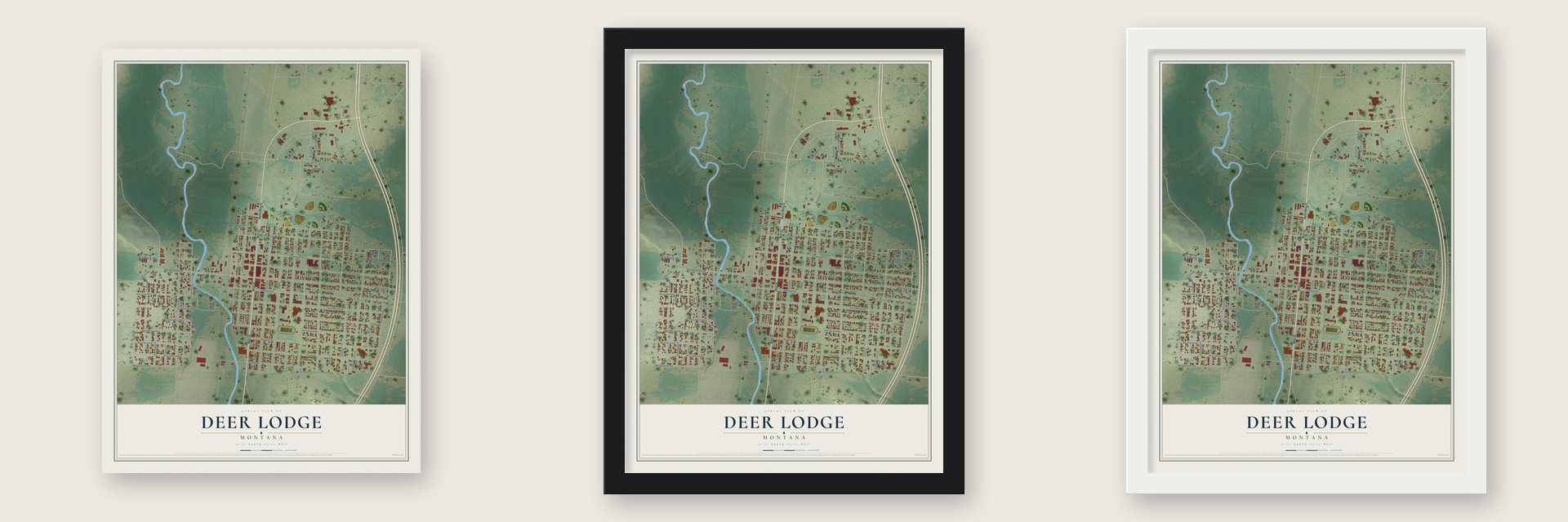 Deer Lodge, Montana map unframed, in a black wood frame and in a white wood frame