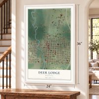 Deer Lodge, Montana map, 24 x 36 inch print in a white frame by a staircase