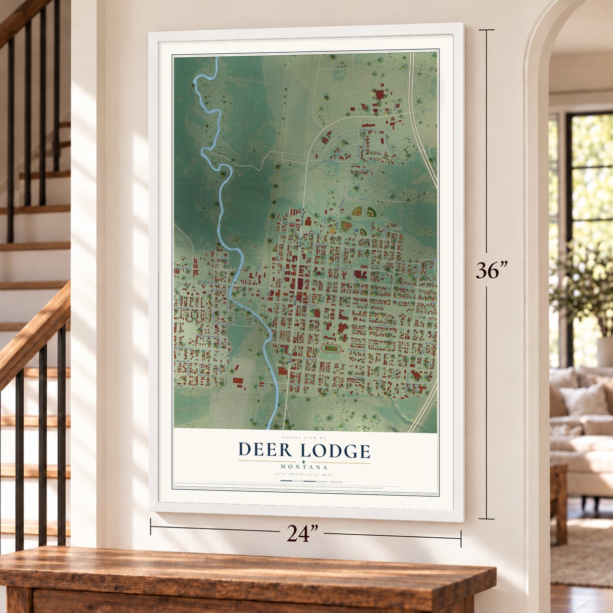 Deer Lodge, Montana map, 24 x 36 inch print in a white frame by a staircase