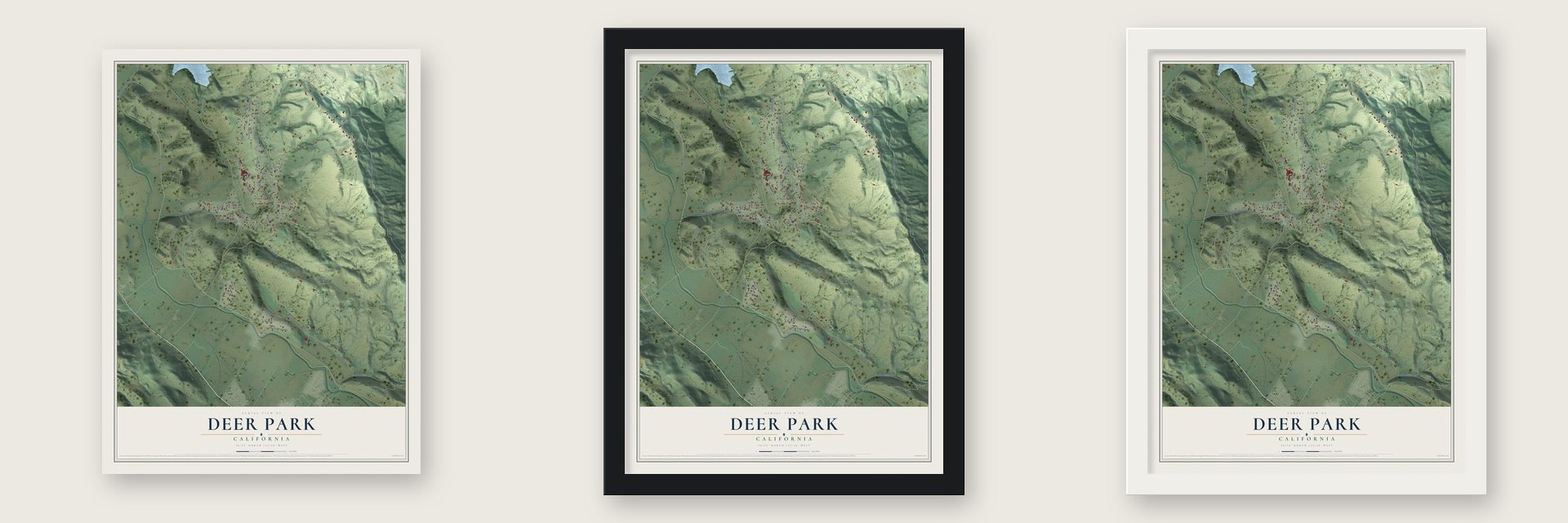 Deer Park, California map unframed, in a black wood frame and in a white wood frame