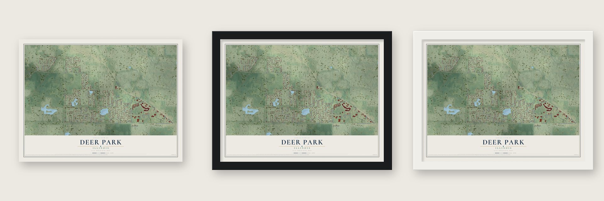 Deer Park, Illinois map unframed, in a black wood frame and in a white wood frame