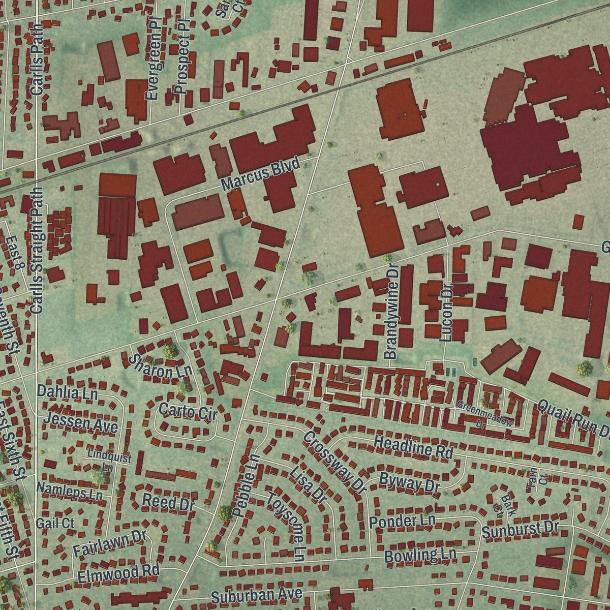 Second close-up of the map of Deer Park, New York print showing more streets and buildings