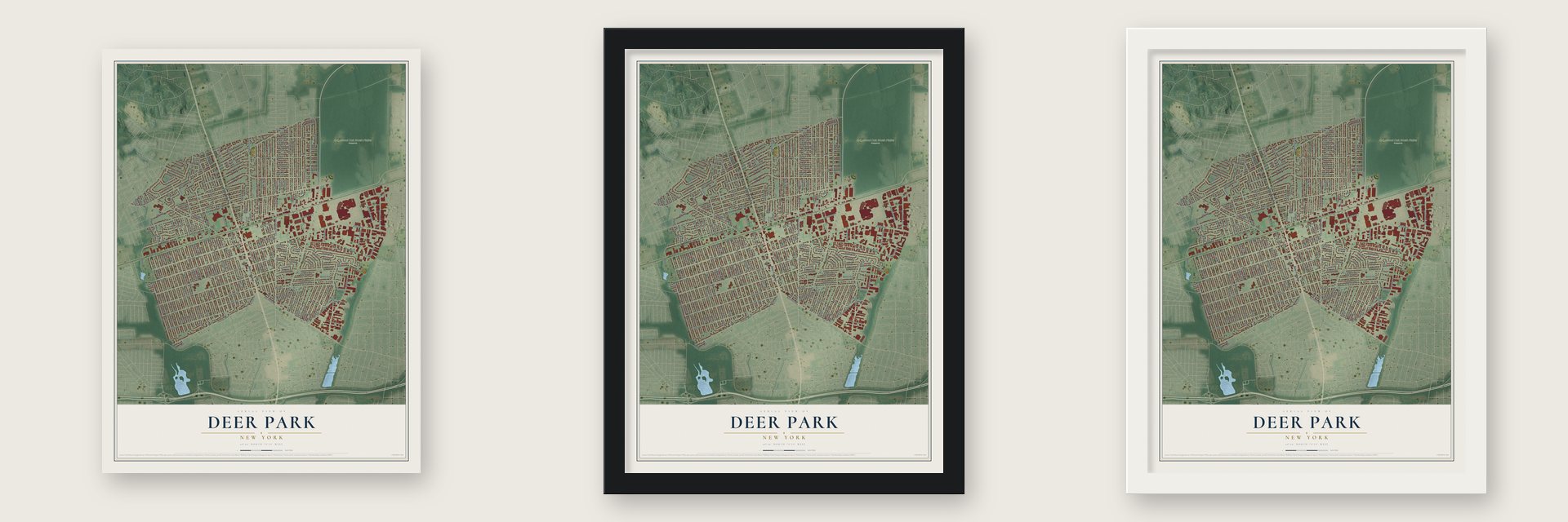 Deer Park, New York map unframed, in a black wood frame and in a white wood frame