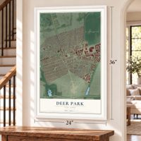 Deer Park, New York map, 24 x 36 inch print in a white frame by a staircase