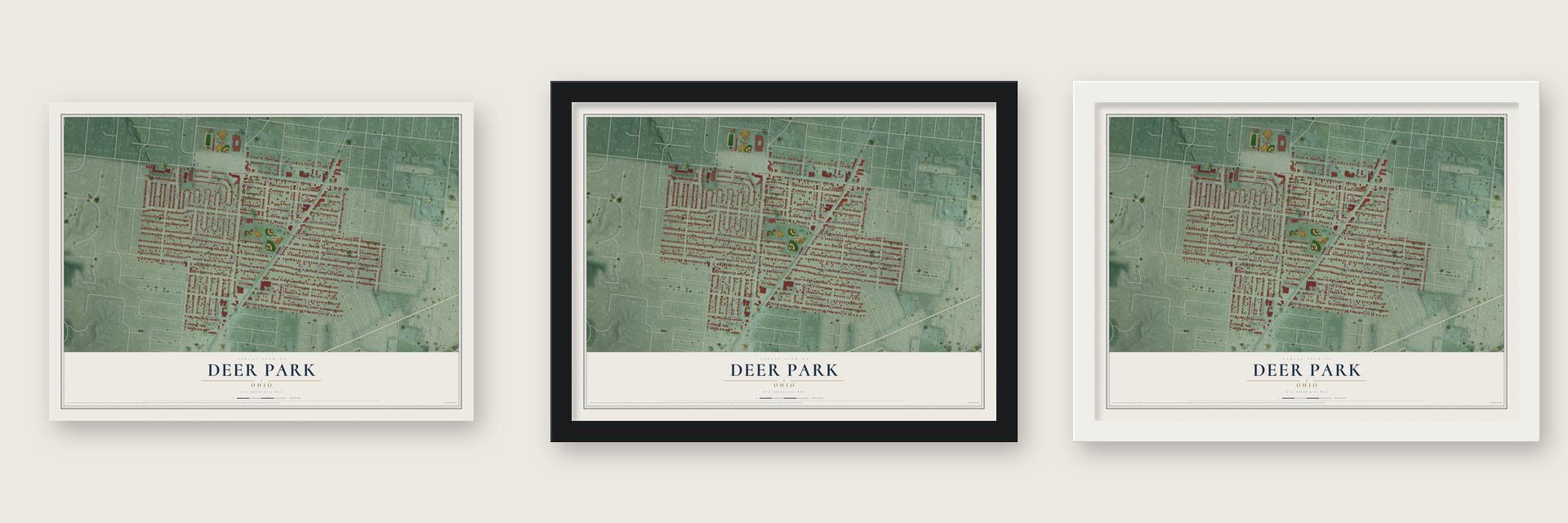 Deer Park, Ohio map unframed, in a black wood frame and in a white wood frame