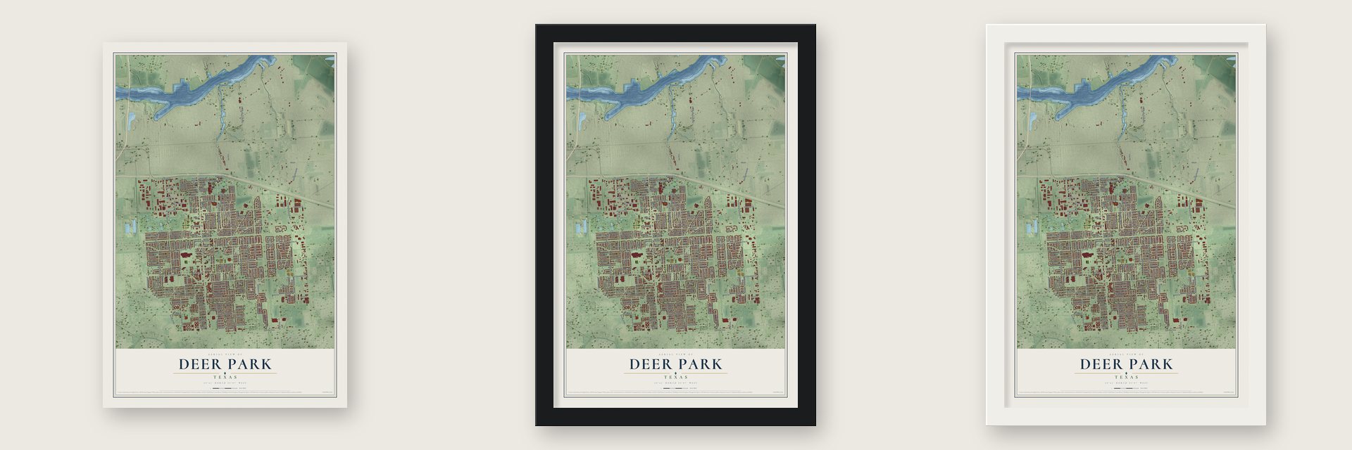 Deer Park, Texas map unframed, in a black wood frame and in a white wood frame