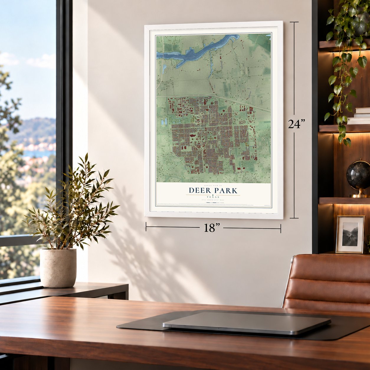 Deer Park, Texas map, 18 x 24 inch print in a white frame in a home office
