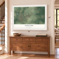 Deer Park, Washington map, 24 x 36 inch print in a white frame above a dresser by a staircase