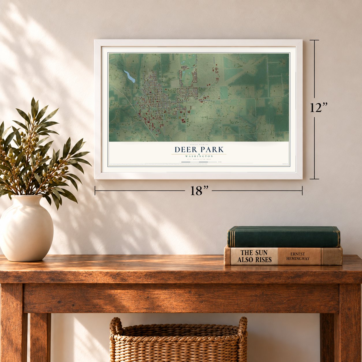 Deer Park, Washington map, 12 x 18 inch print in a white frame in an entryway