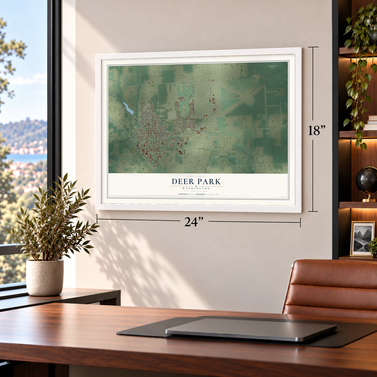 Deer Park, Washington map, 18 x 24 inch print in a white frame in a home office