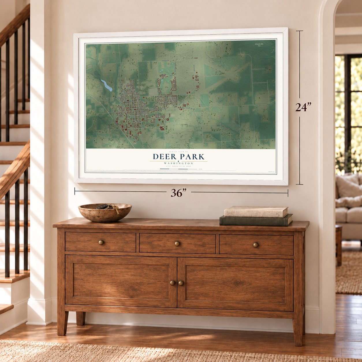 Deer Park, Washington map, 24 x 36 inch print in a white frame above a dresser by a staircase