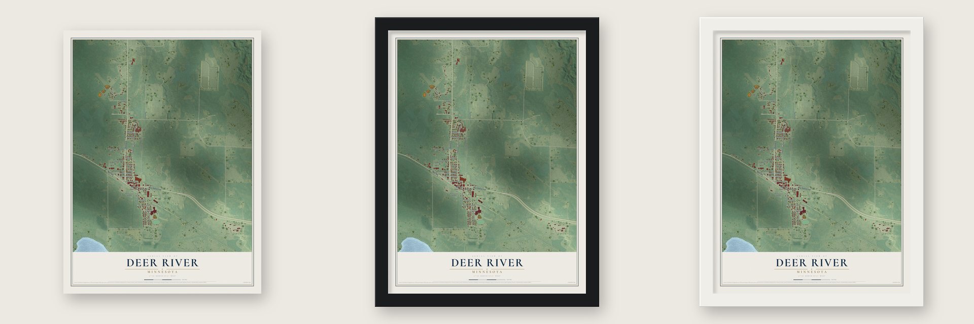 Deer River, Minnesota map unframed, in a black wood frame and in a white wood frame