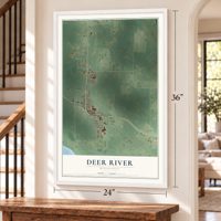 Deer River, Minnesota map, 24 x 36 inch print in a white frame by a staircase