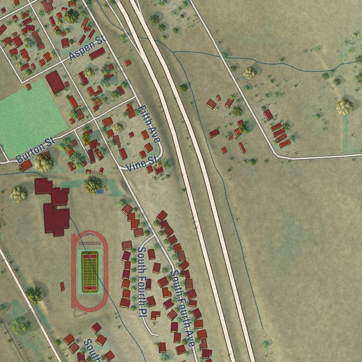 Second close-up of the map of Deer Trail, Colorado print showing more streets and buildings